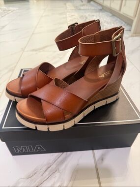 MIA Tan/Brown Leather Ankle-Strap Wedge Sandals